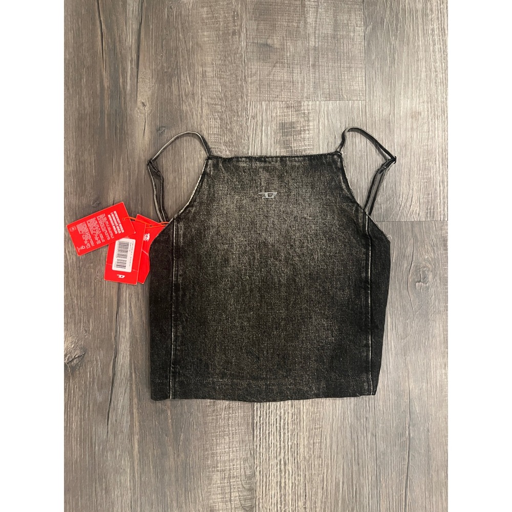 Diesel T-DULITY-S Denim Crop Top Black Faded Wash Cami Logo Small NWT